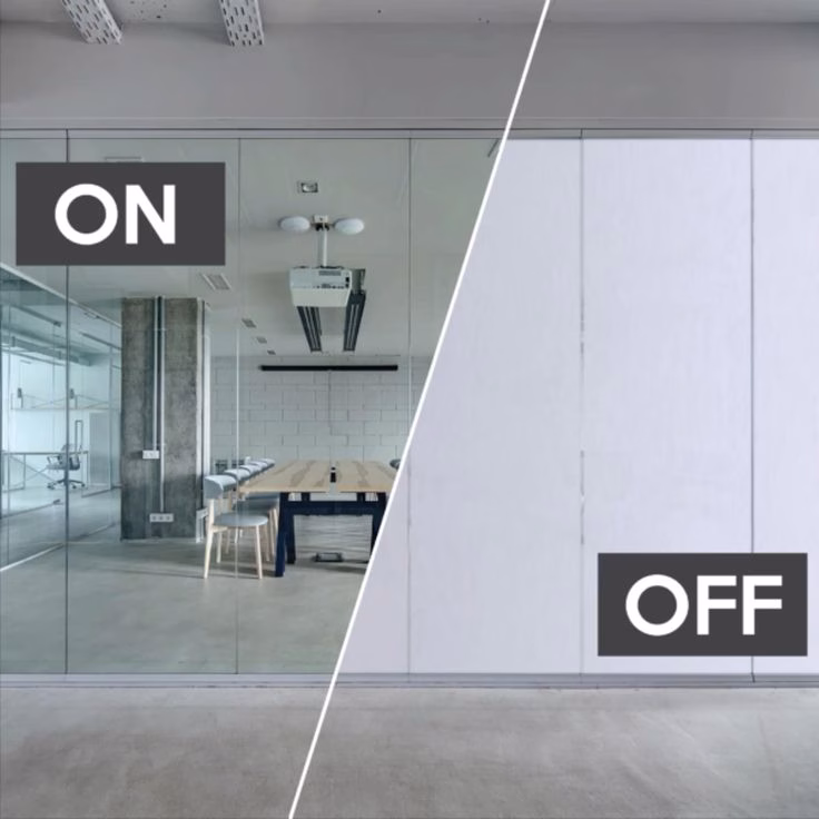 Smart glass turns from transparent to opaque…